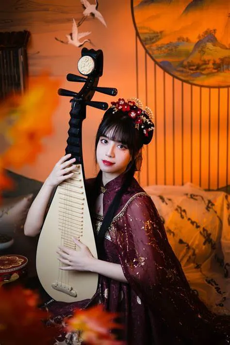 貳加六海外Coser 东方风格服饰照片，人物手持乐器并处于暖色背景空间