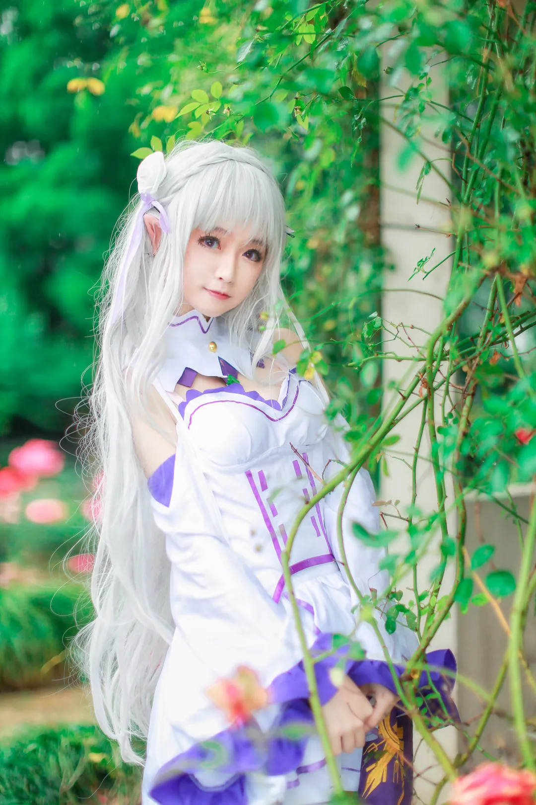 yui金鱼与yui_jinyu名称识别及Coser作品方向 银白长发、齐刘海与白紫服装造型,人物站在绿色植物环绕的户外场景中