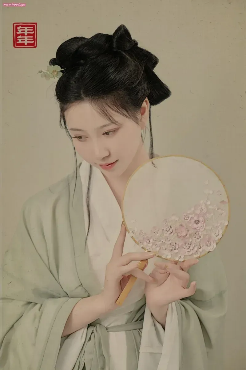 年年nnian cosplay 视觉作品与名称整理 年年nnian古风造型图,黑色发型搭配浅色服装和手持花纹扇面