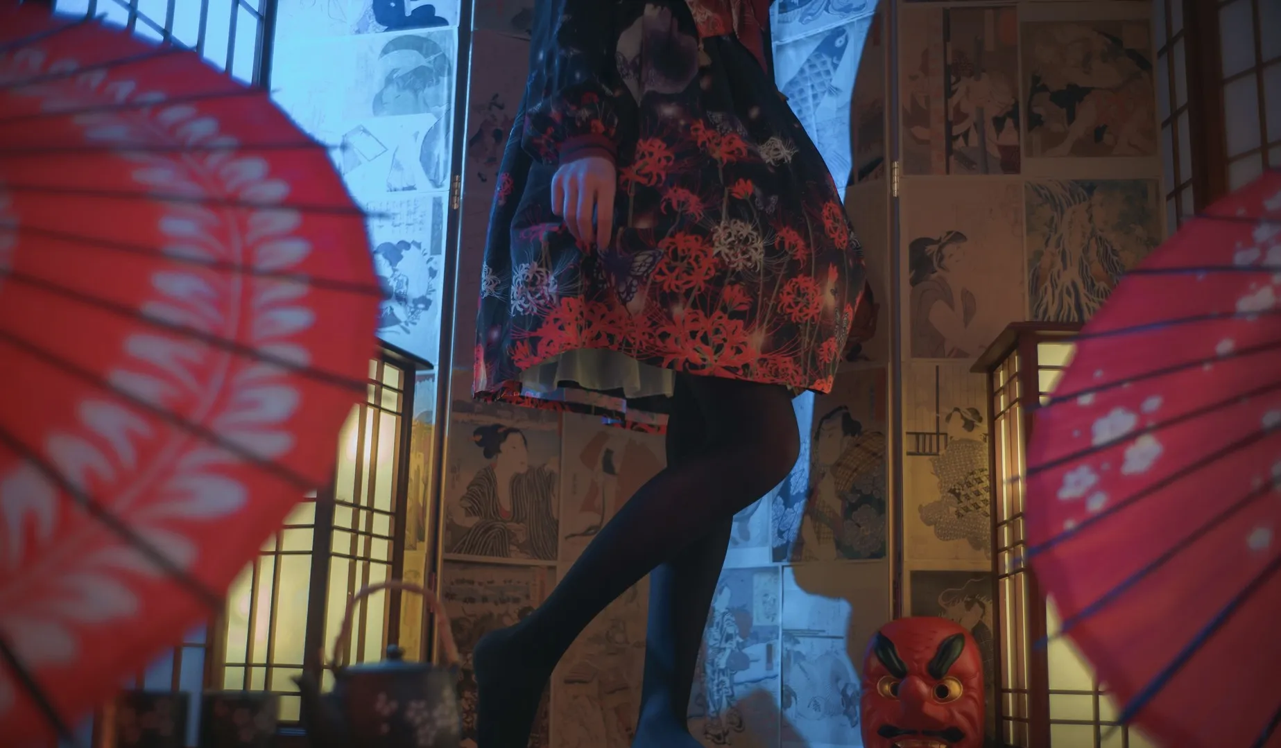 木花琳琳是勇者海外名称与COS作品 东方风格服饰造型照片,人物穿着黑红配色服装,背景包含红色装饰元素